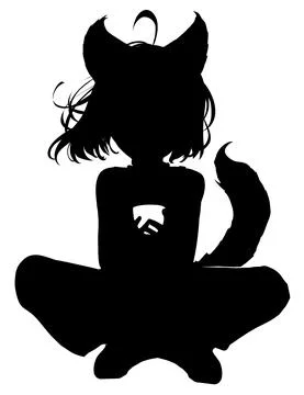 Silhouette of a cute young cat girl in anime style with huge ears and a fluff Stock Illustration