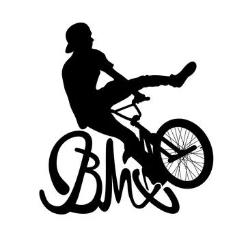 Silhouette of a cyclist who does tricks, bmx inscription, logo, vector Иллюстрация