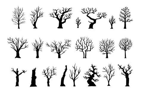 Silhouette Dead dry Tree Set. Black Tree On White Background. Stock Illustration