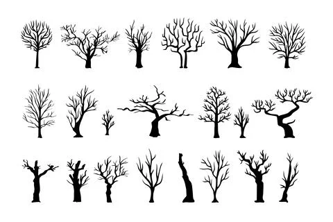 Silhouette Dead dry Tree Set. Black Tree On White Background. Stock Illustration