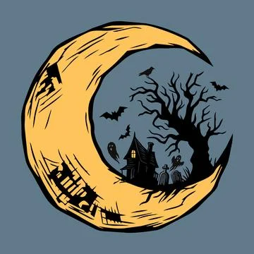 Silhouette dead tree, bats, crow, ghosts, haunted mansion and graveyard on .. Stock Illustration