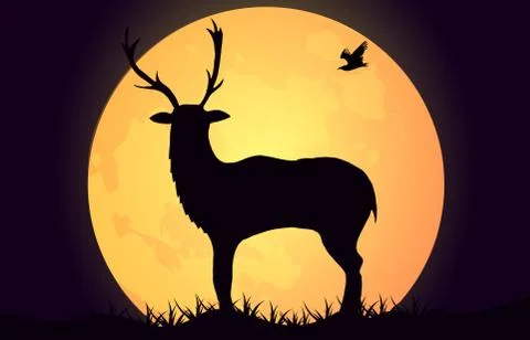 Silhouette of a deer against the backdrop of a large moon. Stock Illustration