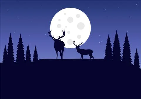 Silhouette of deer in the forest at night vector Stock Illustration