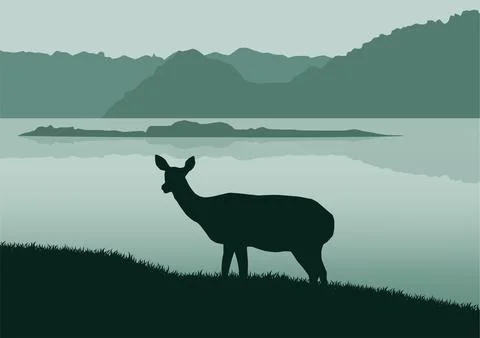 Silhouette of a deer by the lake vector Illustrazione stock