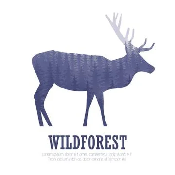Silhouette of a deer with pine forest, blue and white colors background Stock Illustration