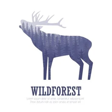 Silhouette of a deer with pine forest, blue and white colors background, vect Stock Illustration