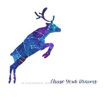 Silhouette of deer. Starry sky with different constellations. Stock Illustration