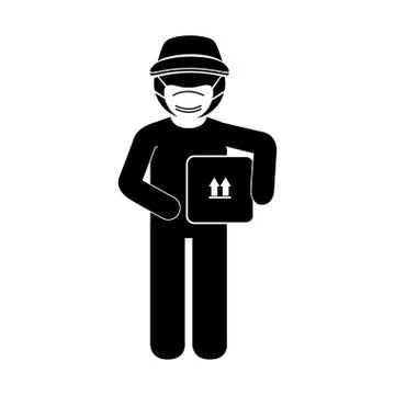 Silhouette of delivery worker using face mask with box carton 스톡 일러스트