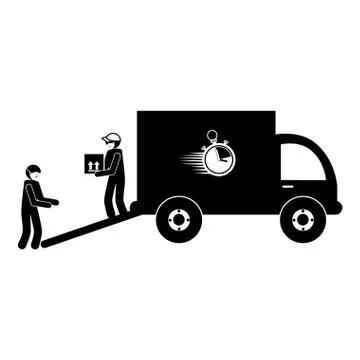 Silhouette of delivery workers using face mask and truck vehicle Illustrazione stock