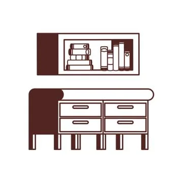 Silhouette of desk and shelving with stack of books 스톡 일러스트