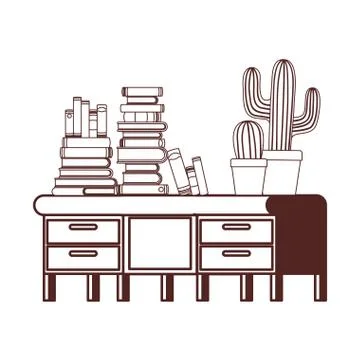 Silhouette of desk with stack of books on white background 스톡 일러스트