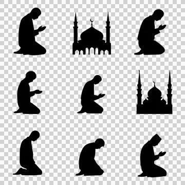 Silhouette of devout Muslim in various prayer postures. Stock Illustration