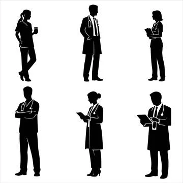 Silhouette of doctors performing different actions Stock Illustration