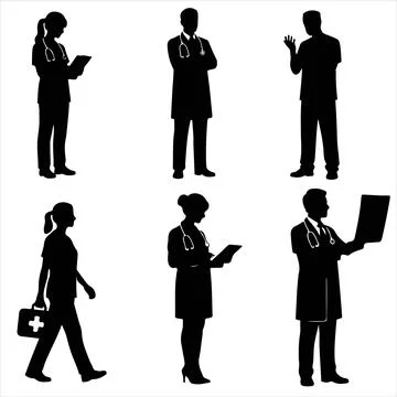 Silhouette of doctors performing different actions Stock Illustration