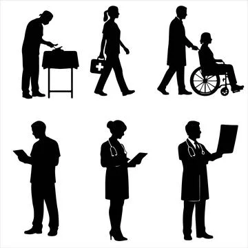 Silhouette of doctors performing different actions Stock Illustration