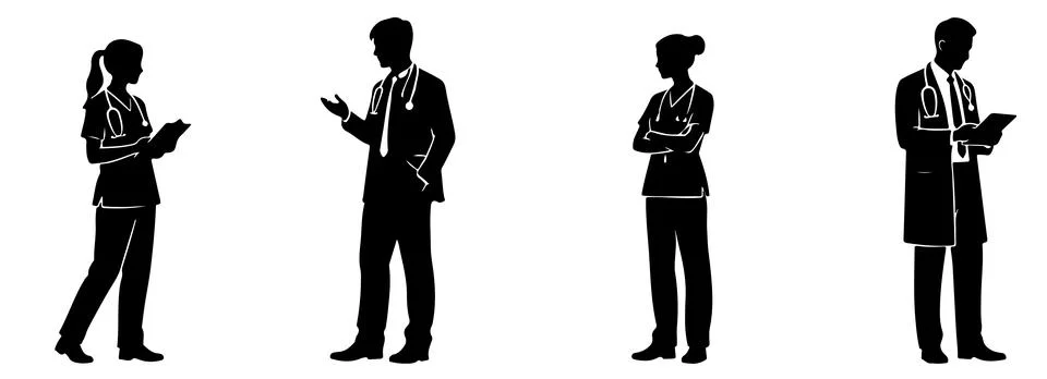 Silhouette of doctors performing different actions Stock Illustration
