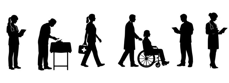 Silhouette of doctors performing different actions Stock Illustration