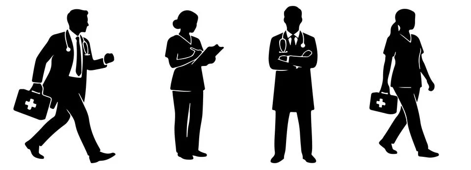 Silhouette of doctors performing different actions Stock Illustration