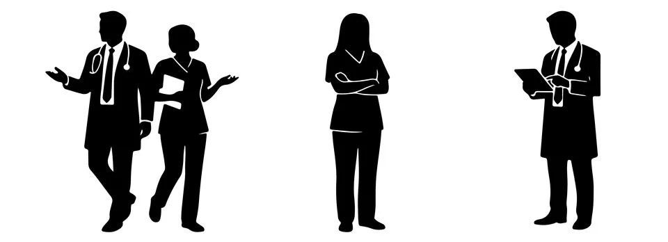 Silhouette of doctors performing different actions Stock Illustration