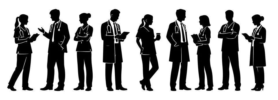 Silhouette of doctors performing different actions Stock Illustration