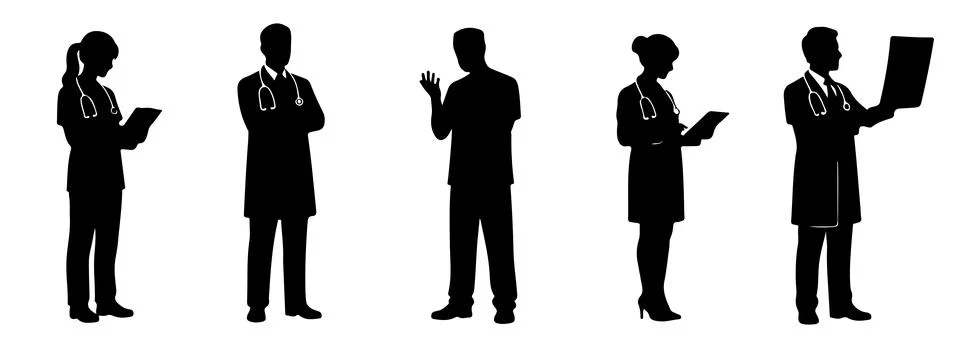 Silhouette of doctors performing different actions Stock Illustration