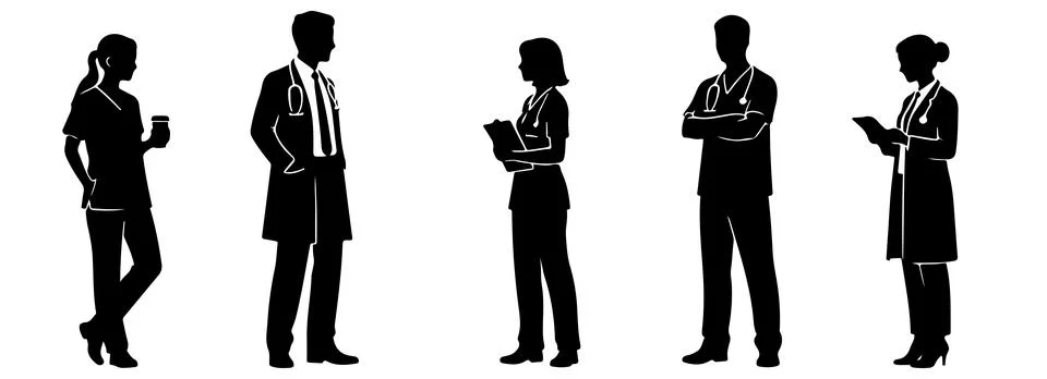 Silhouette of doctors performing different actions Stock Illustration