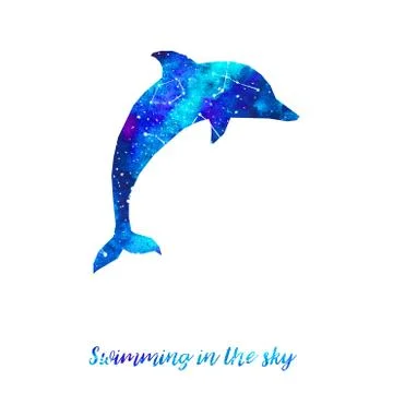 Silhouette of dolphin. Starry sky with different constellations. Stock Illustration
