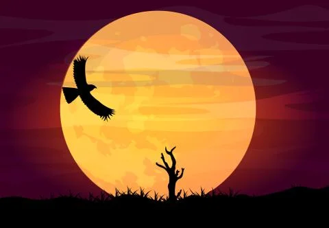 Silhouette of an eagle on a background of the big moon. Beautiful landscape. Stock Illustration