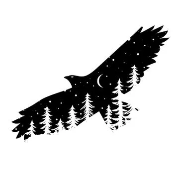 Silhouette of eagle with coniferous trees on the background of night sky with Stock Illustration