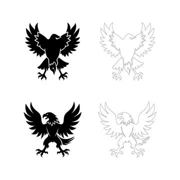 Silhouette of an eagle diving downward with talons extended, flat bold blac.. Illustrazione stock
