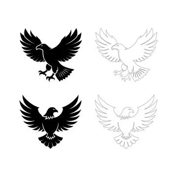 Silhouette of an eagle flying with wings spread wide, flat bold black vector Stock Illustration