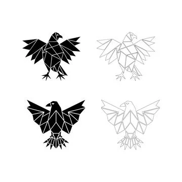 Silhouette of an eagle with geometric polygon wings, flat bold black vector Stock Illustration