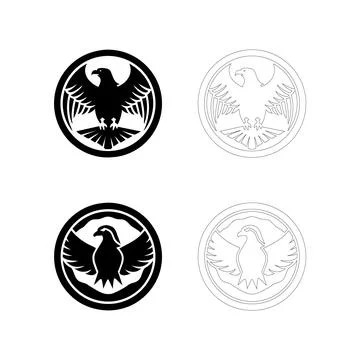 Silhouette of an eagle inside circular emblem, flat bold black vector design Stock Illustration
