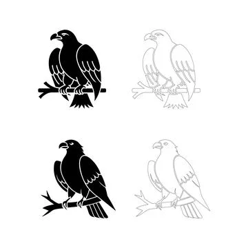 Silhouette of an eagle perched on a branch, flat bold black vector design Stock Illustration