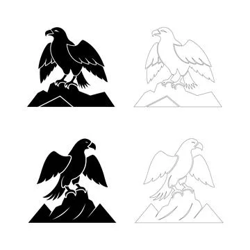 Silhouette of an eagle perched on a mountain peak, bold flat black vector Stock Illustration