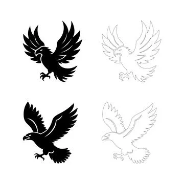 Silhouette of an eagle soaring in side view, flat bold black vector Stock Illustration