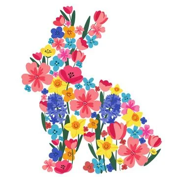Silhouette of easter bunny with spring flowers tulips daffodils hyacinth de.. Stock Illustration