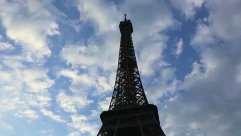 Silhouette of Eiffel Tower Against Blue Sky and Clouds in Paris Stock-Footage 343424697