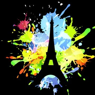 Silhouette  of eiffel tower on inkblot background イラスト素材