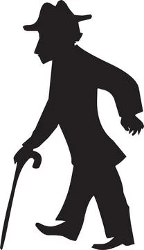 Silhouette of an elderly man walking with a cane and hat Stock Illustration