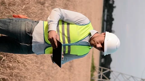 Silhouette of an electrical engineer in hard hat at sunset with tablet. business Stock Footage 202652432