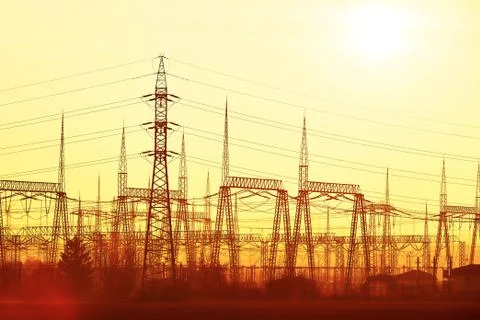 Silhouette electricity pylons during sunset - Czech Republic Fotos Stock