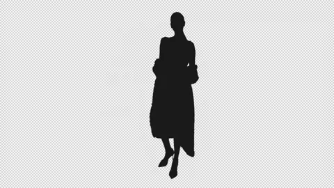 Silhouette of elegant stylish model in dress posing on catwalk, alpha channel in Stock Footage