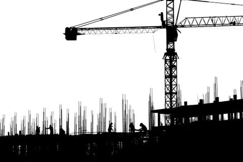 Silhouette Engineer and worker on building construction site with clipping path 写真素材