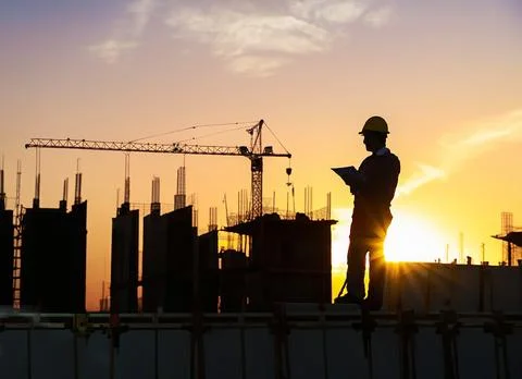 Silhouette of Engineer and worker checking project at building site background Stock Photos