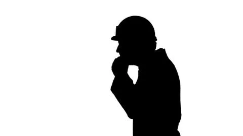 Silhouette Engineer or Worker Yellow Safety Helmet Hat Putting on Head. Stock Illustration