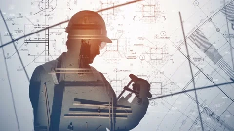 Silhouette of an engineer in a protective helmet while working against the backg Stock Footage 233029462