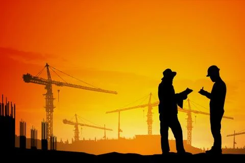 Silhouette engineer standing talking Planner work on construction site Stock Illustration