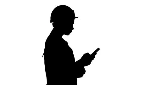 Silhouette Engineer using mobile phone texting while walking. Stock Illustration