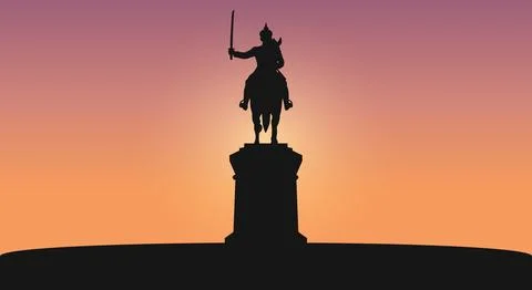 Silhouette of an equestrian statue against a smooth gradient sunset sky. A .. Ilustración de archivo